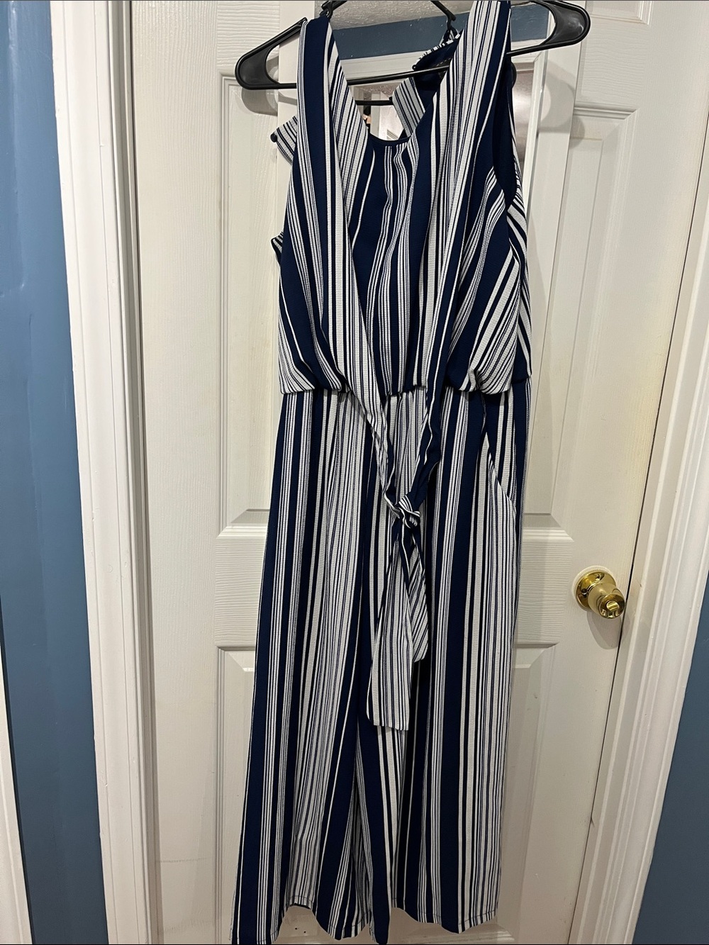 Luxology Navy & White Vertical Stripe Tie-Front Jumpsuit